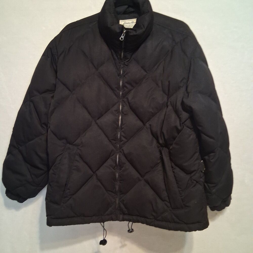 Eddie Bauer M Coat Black Quilted Goose Down Puffer Full Zip Vintage Cold Weather